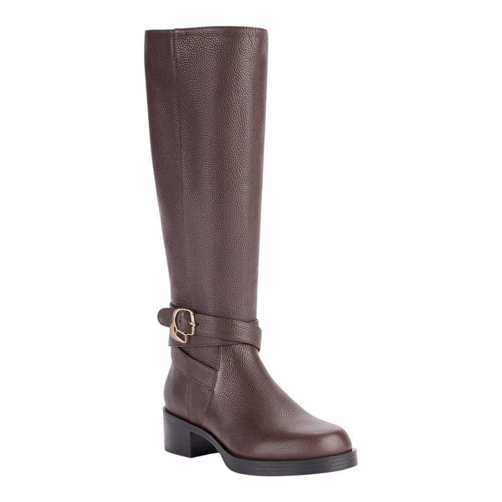 Karl Lagerfeld Tall Pebbled Leather Riding Boots in Dark Brown with Gold Buckle